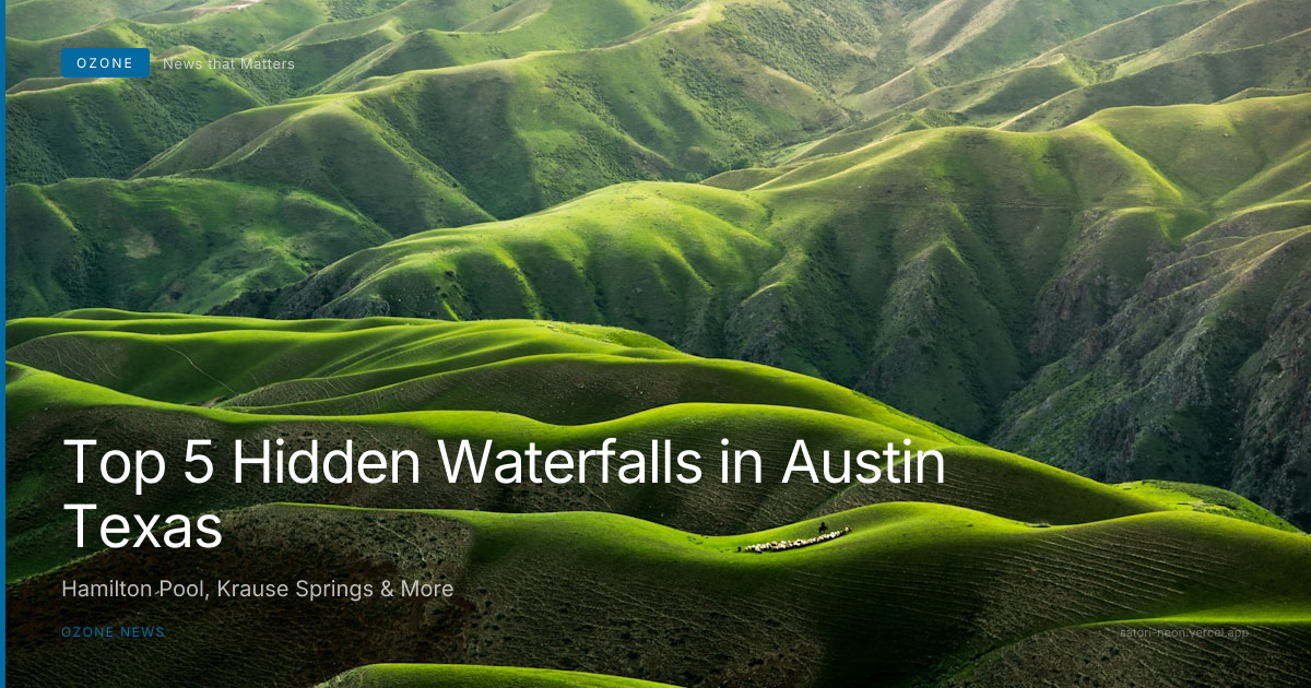 A lush hidden waterfall cascading into a clear swimming hole in the Texas Hill Country near Austin